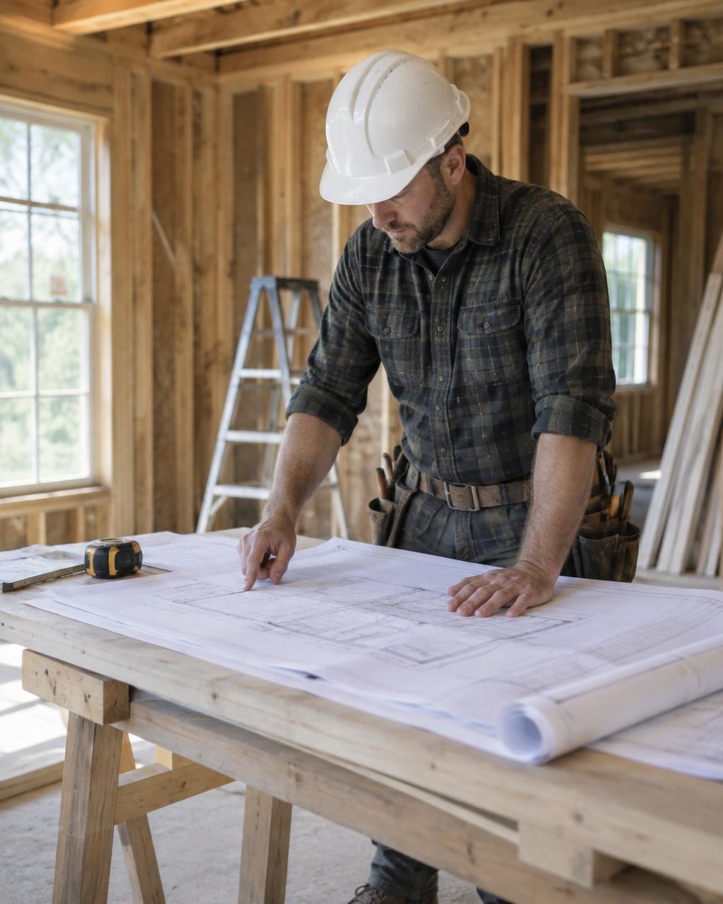 Contractor reviewing blueprints on site